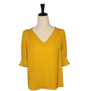 Madison d' Amelie Golden Mustard V-neck Elbow Sleeve Pullover Blouse Size XS